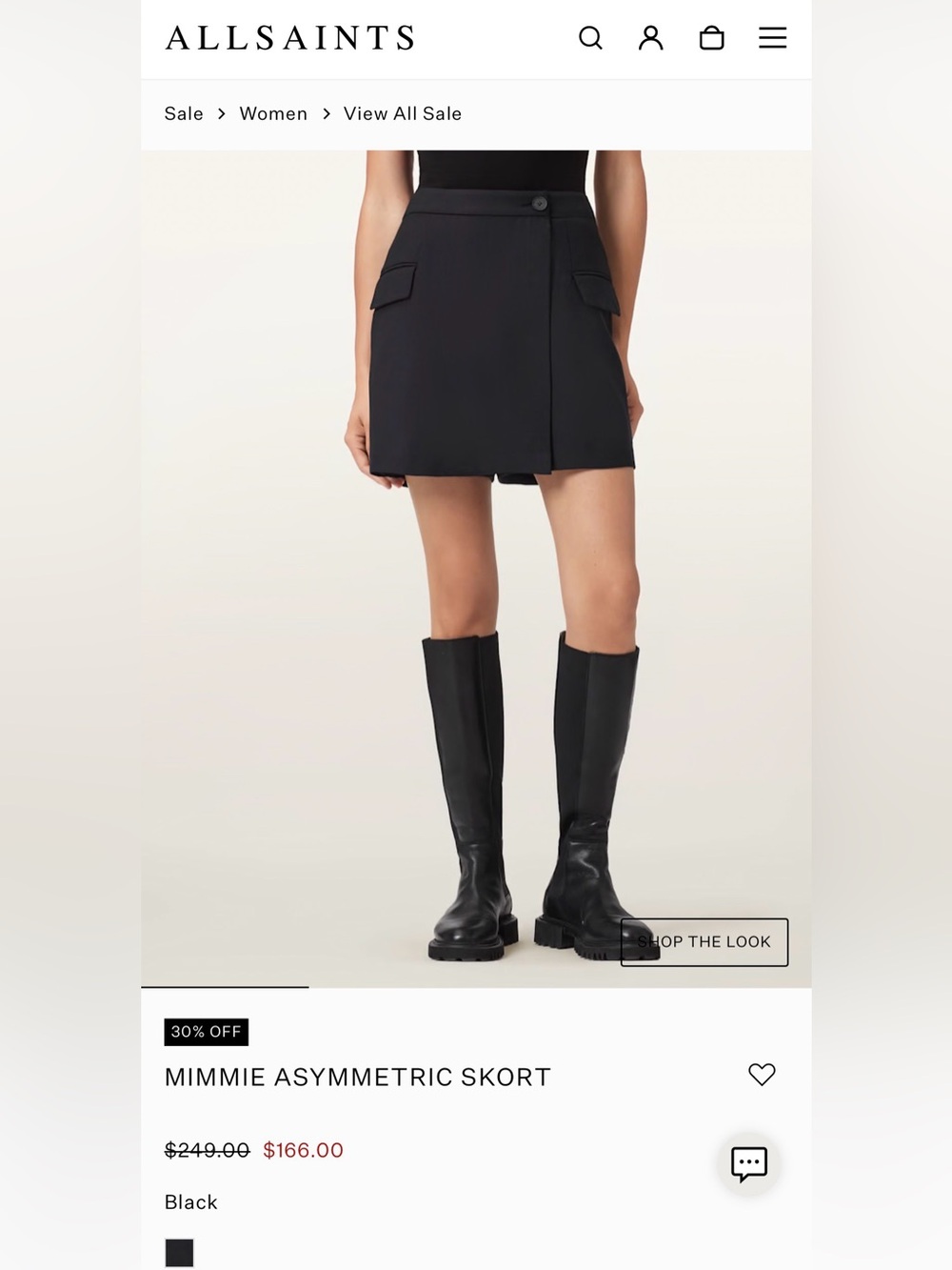 All Saint’s Black Asymmetric Skort with Flap Pockets